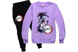 Yumenam Unisexe Demon Slayer Filles et Garçons Casual Survêtement Sweat et Pantalonx Ensemble Tanjirou Nezuko Imprimé Col Rond Pull Tops et Pants Sets Vêtements pour Enfants