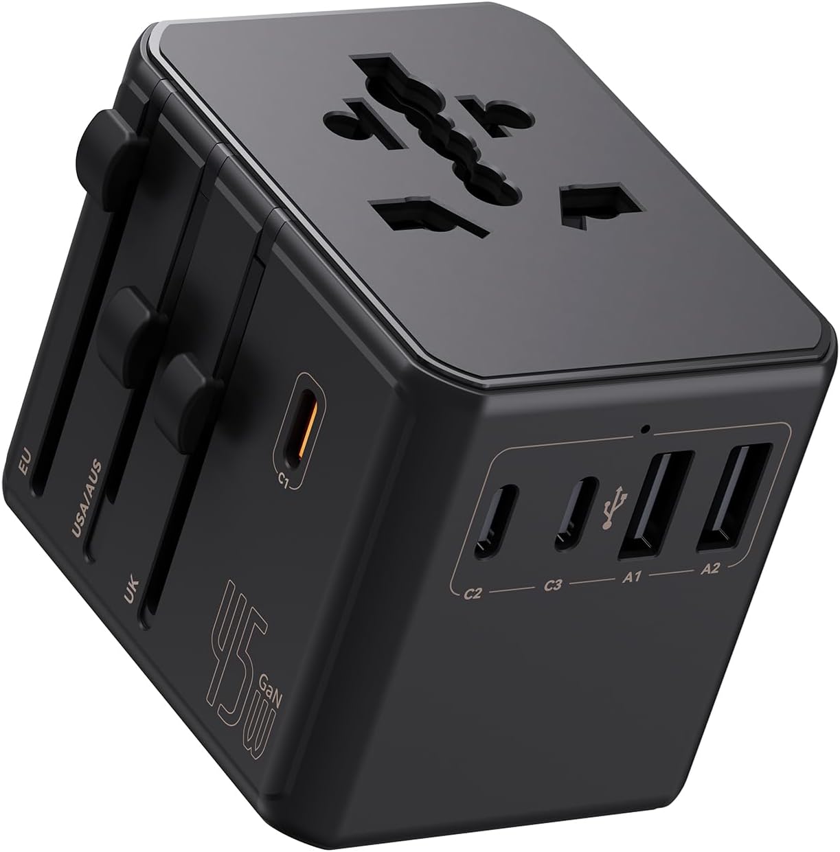 Auxmir Adaptador Enchufe Universal, Adaptador Internacional con 3 USB-C y 2 USB-A (PD 45W), Adaptador Universal para Europa, Reino Unido, Estados Unidos, Canadá, Australia (212 países), Negro
