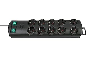 Ciabatta Multipresa Elettrica 10 Prese Brennenstuhl Primera-Line 1153305120, Multipresa da Scrivania Salvaspazio, 2 interruttori on/off per 5 prese ciascuno, Cavo da 2m, Nero