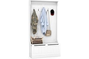 CASART Hallway Coat Stand, 3 in 1 Clothes Rack with Shoe Bench & 5 Double Hooks, Free Standing Hall Tree Wood Storage Shelf for Bedroom Entryway Living Room
