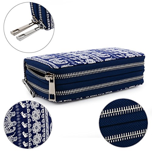 Te-Rich Double Zipper Wallet Phone case Canvas Coin Purse Clutch Bag Elephant Pattern Card Holder with Mobile Phone Holder Sucker Cup And Coin Pocket