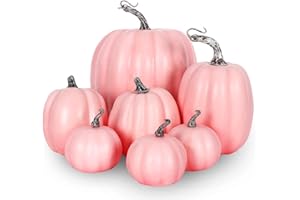AnyDesign Pink Artificial Pumpkins 7Pcs Assorted Sizes Fake Foam Pumpkins Faux Harvest Lifelike Pumpkins Autumn Table Centerpiece for Thanksgiving Home Party Halloween Holiday Farmhouse Decorations