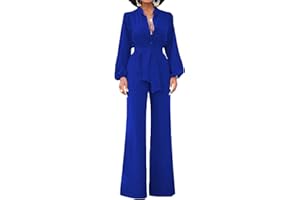 Minetom Femmes Jumpsuits Combinaisons Col V Large Jambes Manches Longues Long Barboteuse Pantalon Avec Ceinture Navettage Élégant