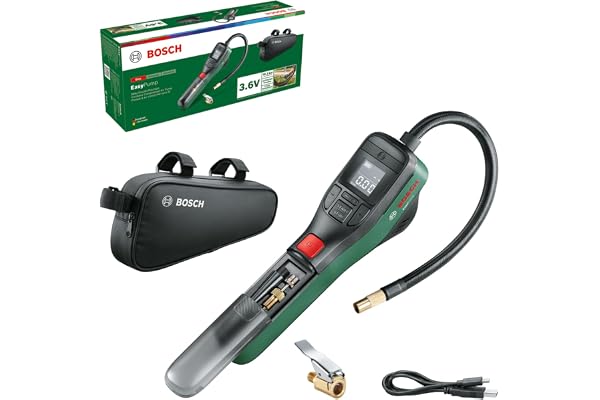 Bosch Pompe à vélo/Pompe à air/Mini-compresseur électrique EasyPump (Batterie 3,0 Ah; 3,6 V; Fonction Autostop; 150 PSI; 10,3 Bar; LED; USB-C; 3 adaptateurs; fiche à Connexion Rapide; Sac de vélo)