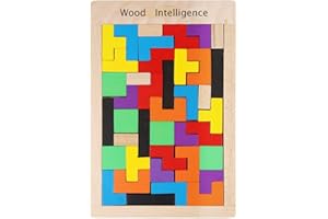 Rmeet Holzpuzzle Tetris Tangram,40er Pack Holz-Puzzle Jigsaw Geometrische Blöcke Holz Puzzle Box Gehirn Spiele für Kinder frühe Pädagogische