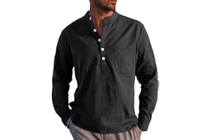 Voqeen Męska bawełniana lniana koszula typu henley, z długim rękawem, hipisowska, na co dzień, na jesień i zimę, koszulka z kieszonką, kołnierz z paskiem, zapięcie na guziki