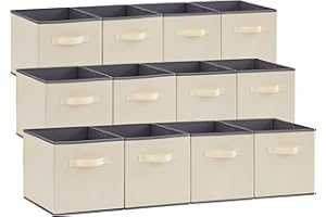 Lifewit Lot de 12 Cubes de Rangement, Boite Rangement Tissu, Caisse Rangement Pliable, Panier de Rangement Décoratifs, Bac de Rangement Placard Vetement avec Poignées, 26,5 x 26,5 x 28 cm, Beige