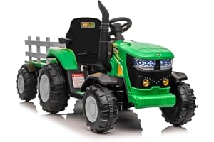 BALOVEBY Tractor Eléctrico Niños con Remolque Desmontable Doble Motor 35W, Coche Eléctrico 12V a 6 Neumáticos para Niños con Control Remoto Música, 3 Velocidades, Faros de 7 LED, Cuerno (Verde)