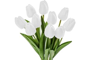 NOLACE Flores Artificiales PU Latex 10 Pcs Flores Artificiales Tulipanes Falsos Toque Real Flores Artificiales Falsas Real Ramo De Boda Plantas De Tulipanes Falsos DecoracióN Fiesta Ramo（Blanco）