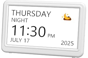 Mesqool 7" Digital Calendar Day Clock for Seniors, Easy-Read Dementia Clock for Elderly with 20 Alarms & Reminders, Auto-Dimming, 12 Themes, 18 Ringtones, Photo Frame, Snooze (White)
