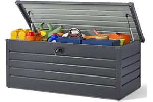 DKIEI 600L Metal Garden Storage Box - Large Outdoor Waterproof Container With Lid, Lockable for Tools, Toys, Cushions - Black, 165x70x62 cm