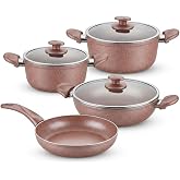 Papilla Argos 7 Par&ccedil;a Tencere ve Tava Seti - Pembe Kır&ccedil;ıl Renkli Yanmaz Yapışmaz &Ccedil;eyiz Paketi Cam Kapaklı (20/24/26 cm Tencer