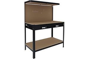 ARREDITALY Banco Tavolo Da Lavoro A 3 Livelli Con Piano 120 x 60 Cm Portata Fino a 370 Kg Con Cassetto e Parete Pannello Forato Porta Attrezzi Utensili Ideale Garage Officina Cantina Capannone Magazzino Nero