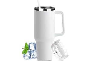 LOITTAINUE 40oz Thermobecher mit Strohhalm und Henkel, 1180ml Kaffeebecher To Go mit Deckel, Doppelwandiger Edelstahl Vakuum Isolierbecher Tragbare Autobecher für Kalte Heiße Getränke (Weiß)