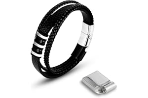 LROCOTANC Bransoletka męska – skórzana, czarna – pleciona, prawdziwa skóra, szeroka bransoletka, owijana, z zapięciem na magnes, Skóra