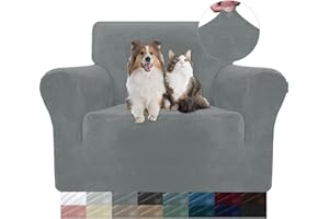‎YSTELLAA YSTELLAA Samt Stretch Sofabezug 1 Sitzer, Sofaschoner rutschfest Sofa Überzug, Sofa Cover Mit Armlehnen, Elastischer Couch Überzug, Sesselschoner Sofaschutz Katze, Hellgrau