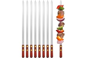 WLIHAHANCP 8 Pezzi Spiedini Piatti in Acciaio Inox, Spiedini Riutilizzabili da 60 cm, Spiedini Extra-lunghi con Manici in Legno, Posate per Barbecue, Spiedini per Verdure Accessori per Barbecue