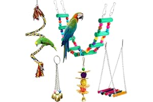 ANTCHER 5 Pcs Bird Perches Cage Toys Hanging Bell Swing Chewing Toys Wooden Ladder Hammock for Small and Medium Parrot Birds, Cockatiels, Conures, Macaws, Finches