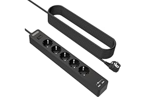 NTONPOWER Listwa zasilająca elektryczna, płaska listwa zasilająca z 5 gniazdami i 2 portami USB, przewód 5 m, dostarczany z uchwytem ściennym, montaż ścienny, z przełącznikiem, ochrona dla dzieci,