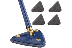 WORLDLY Balai de Nettoyage Rotatif réglable à 360°, Balai Triangulaire avec Eau comprimée Automatique pour Nettoyer la Cuisine, Les Murs, Le Plafond, Les Coins (Bleu + 4 Chiffons)