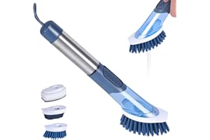 ‎MASTHOME Masthome Spülbürste mit Spülmittelspender-4 Verschiedenen Ersatzköpfen-Befüllbare Spülbürste für Geschirr, Töpfe, Küchenspülen Reinigung-Nachfüllbare Küchenbürste mit 27cm Stiel-Blau+Weiß