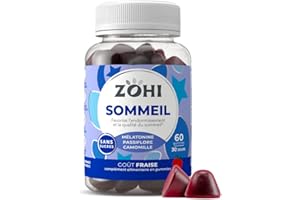Complément Alimentaire Sommeil -Gummies Sommeil favorisant l'Endormissement et la Qualité du Sommeil- Mélatonine- 60 gommes de fruits goût Fraise Sans Sucres- Vegan- ZOHI- Fabriqué en France