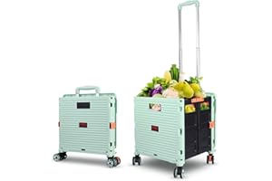 ZIYOU LANG Foldable Shopping Trolley Box on Wheels with Lid Wear-Resistant Noiseless 360°Rotate Wheel & Adjustable Aluminum Alloy Handle Folding Boot Cart, 45KG/99LBS Load Capacity, Portable Durable Trolley