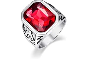 Cloyo Men's Stainless Steel Rings Silver Totem Pattern Vintage Biker Rings with Red/Green/Blue Crystal Glass Size O-Y