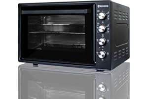 BEHOME Horno Eléctrico de Sobremesa 70 L, con Asador, autolimpiante, temperatura hasta 320°C, doble acristalamiento, 2 bandejas de horno y 1 grill, esmaltado negro