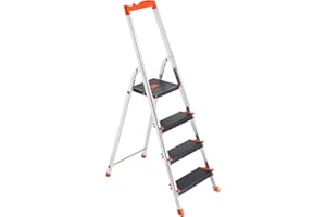SONGMICS Échelle 4 Marches, en Alliage d'Aluminium, Escabeau, Largeur de la Marche 12 cm, Pliable, Plateau à Outil, Pieds Antidérapants, Capacité de Charge 150 kg, Noir et Orange GLT04BK