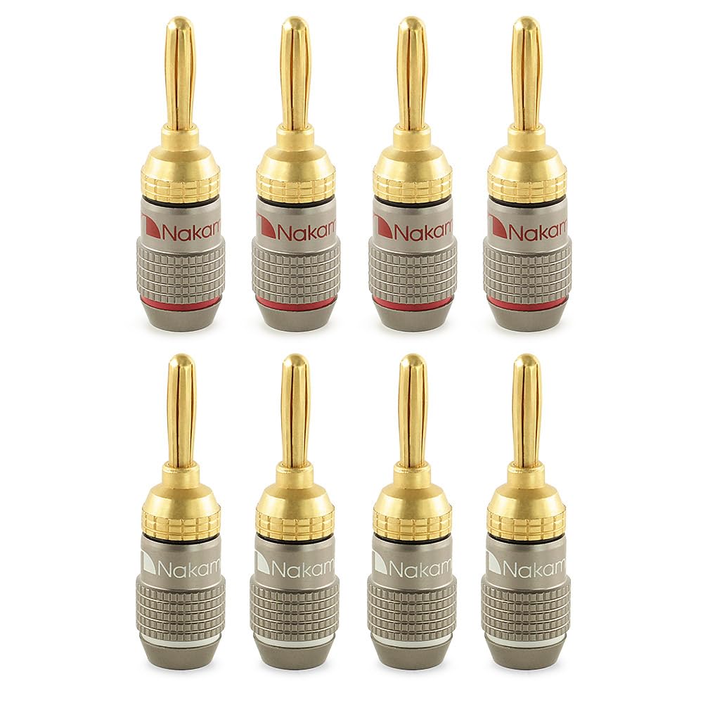 Nakamichi FanLock Excel Series 24k Gold Plated Banana Plug 10 AWG - 18 AWG Gauge Size 4mm for Speakers Amplifier Hi-Fi Stereo Home Theatre Radio Audio Wire Cable Quick Connector, 8 Pcs (4-Pairs)