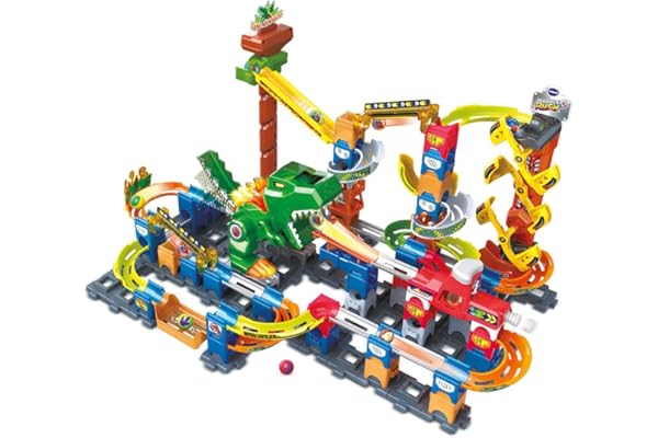 VTech - Marble Rush, Circuit à Billes Électronique Dino Adventure Magnetic Set XL400E, Jeu de Construction Magnétique Dinosaure, 100 Pièces, 10 Billes, Cadeau Enfant Dès 4 Ans - Contenu en Français