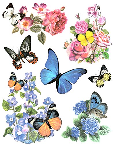 Fensterbild Set 7-teilig Schmetterlinge Blumen Hortensien Rosen u.a. statisch selbsthaftend Fenstersticker Aufkleber Fensterdekoration Fensterfolie