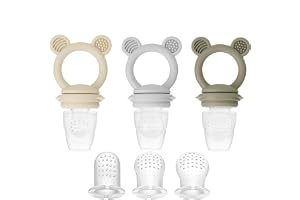 PandaEar 3 Pack Baby Fruit & Food Feeder Pacifier, Silicone Feeder Pacifier with 3 Sizes Pouches for Babies Toddlers Infants Kids, BPA-Free Food Grade Soft Safe (Tan/Grey/Brown)