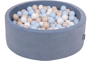 KiddyMoon Piscine À Balles pour Bébé Velours Rond 90X30cm/200 Balles 7Cm Fosses À Boules Jouet Enfant, Bleu Glacier: Beige Pastel/Bleu Pastel/Blanc