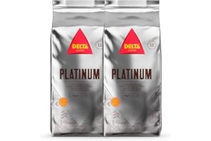 Delta Cafés - Café en Grano Platinum - 2 Paquetes de 1 Kg - Intensidad 12 - Mezcla de Granos de Café Arábica y Robusta con Tueste Natural - Notas Caramelo, Chocolate y Palomitas.