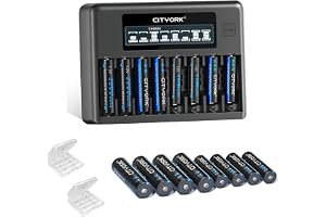 CITYORK Batteriladdare med 8 x 3 000 mAh AA- och 8 x 1 100 mAh AAA-batteri, för uppladdningsbara AA- och AAA-batterier, 8 pla