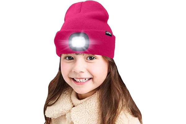 ATNKE Enfants LED Casquette de Bonnet éclairée, Lampe Frontale Rechargeable par USB Chapeaux de Nuit en Tricot d'hiver Plus Chauds lumière Cadeaux Noël pour Garçons Filles