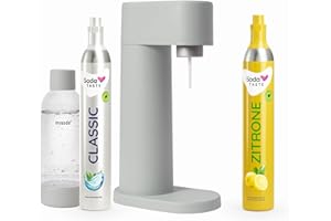 SODATASTE Sparpaket: Mysoda Woody - Wassersprudler aus erneuerbarem Holzkomposit mit 1L BPA-freier Plastikflasche, CO2-Zylinder Classic + CO2-Zylinder Zitrone (Grau)