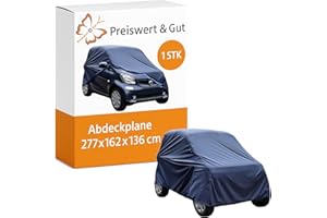 ‎PREISWERT & GUT Preiswert&Gut Autoabdeckplane Winterfest für Kleinwagen Windschutzscheibenabdeckung, Frostschutzabdeckung und Autoüberzug in Dunkelblau, kompatibel mit Smart ForTwo, Ganzgarage 277x162x136 cm