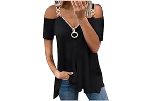 AMhomely Cold Shoulder Tops Shirt for Women Leopard Print Cut Out Off-Shoulder Tshirt Sexy V Neck Zip Short Sleeve Tunic Blouse