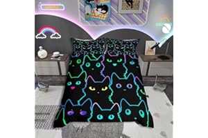 HOMEWISH Neon Schwarze Katze Bettwäsche Set 135x200 für Mädchen Jungen,Bunte Lustige Katze Bettbezug Kawaii Zimmer Dekor,Cartoon Katzen Tröster Abdeckung für Katzenliebhaber,Gradient Line Bett Set Reversible