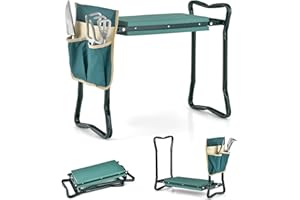 SOARS Banco de Jardín Plegable con Bolsillos para Herramientas y Rodilleras, Taburete de Jardín hasta 150 kg, Rodilleras para Jardinería, 58 x 27,5 x 50 cm (con 1 Bolsa de Herramientas)