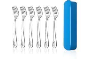 HaWare 6 Pcs Stainless Steel Toddler Forks Set, Small Children Safe Utensils for Kids’ Self Feeding, Animal Edge& Round Fork Tines, Dishwasher Safe