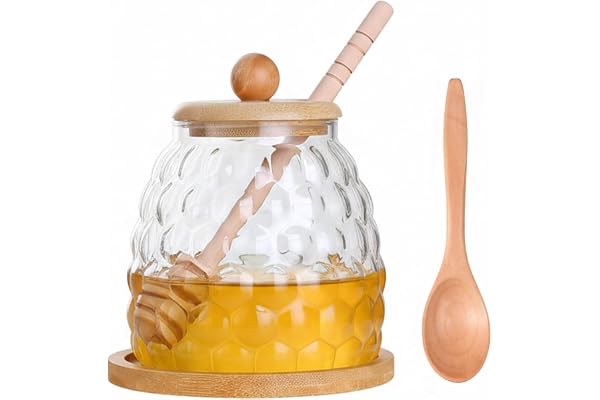 Astralong Honungsburk glas med lock pinnar sked och bricka, 550 ml transparent honungsdispenser för kök, honungskruka stor mu