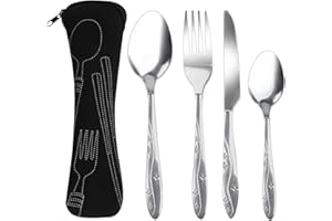 HEMIKS 4 Pcs Cutlery Set with Portable Pouch Case, Stainless Steel Knife and Fork Flatware Set Camping Utensil Set for Picnic School Office Mirror Polished Dishwasher Safe(Black)