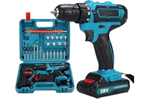 EAGERMINDS Taladro atornillador inalámbrico de 28 V, taladro eléctrico inalámbrico con 2 baterías + 24 accesorios, 25+3 ajustes de par, lámparas LED, taladro para bricolaje (28V)