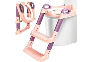 OUXAYAPL Adaptador WC Niños con Escalera, Reductor WC Niños con Cojín Acolchado PU, Asiento Inodoro Infantil Plegable, Altura Ajustable y Antideslizante, para Niños (Rosa, Púrpura)