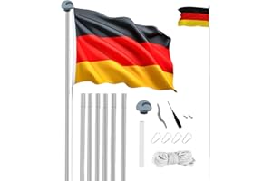 MUWO Glory Teleskop Fahnenmast mit Hissvorrichtung, höhenverstellbar von 2,1 m bis 6,1 m. Einfaches Stecksystem aus flexiblem, wetterfestem Aluminium, mit Bodenhülse. Geeignet für die Außenmontage