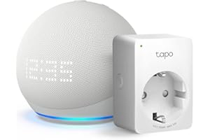 AMAZON Echo Dot (5.ª generación, modelo de 2022) con reloj, Blanco + TP-Link Tapo P110 Smart Plug (enchufe inteligente WiFi) con Monitoreo Energético, compatible con Alexa - Kit de inicio de Hogar digital